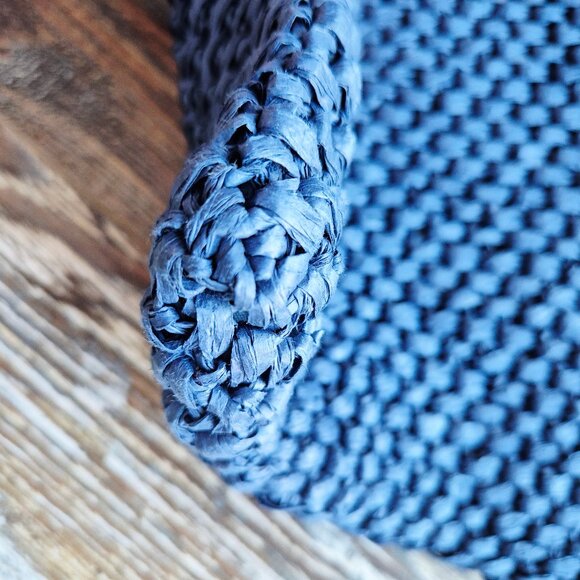 NWoT Talbots 100% Paper Straw Round Bamboo Handle Leather Trim Tote Bag Blue - Picture 7 of 13